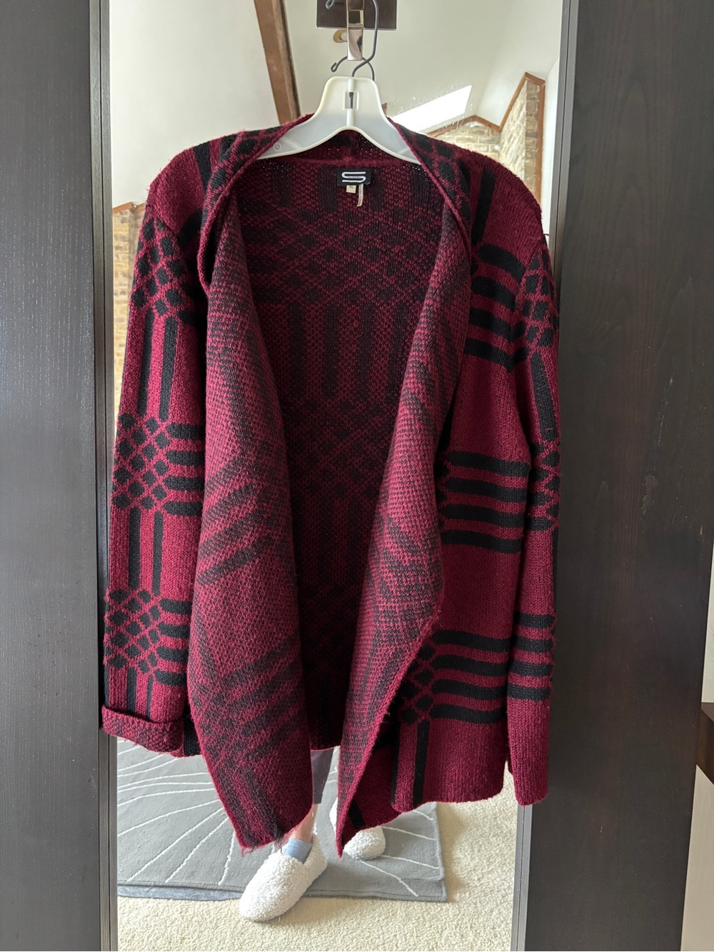 Scioni Womens Open Front Geometric Knit Cardigan Burgundy Dark Red Black XL